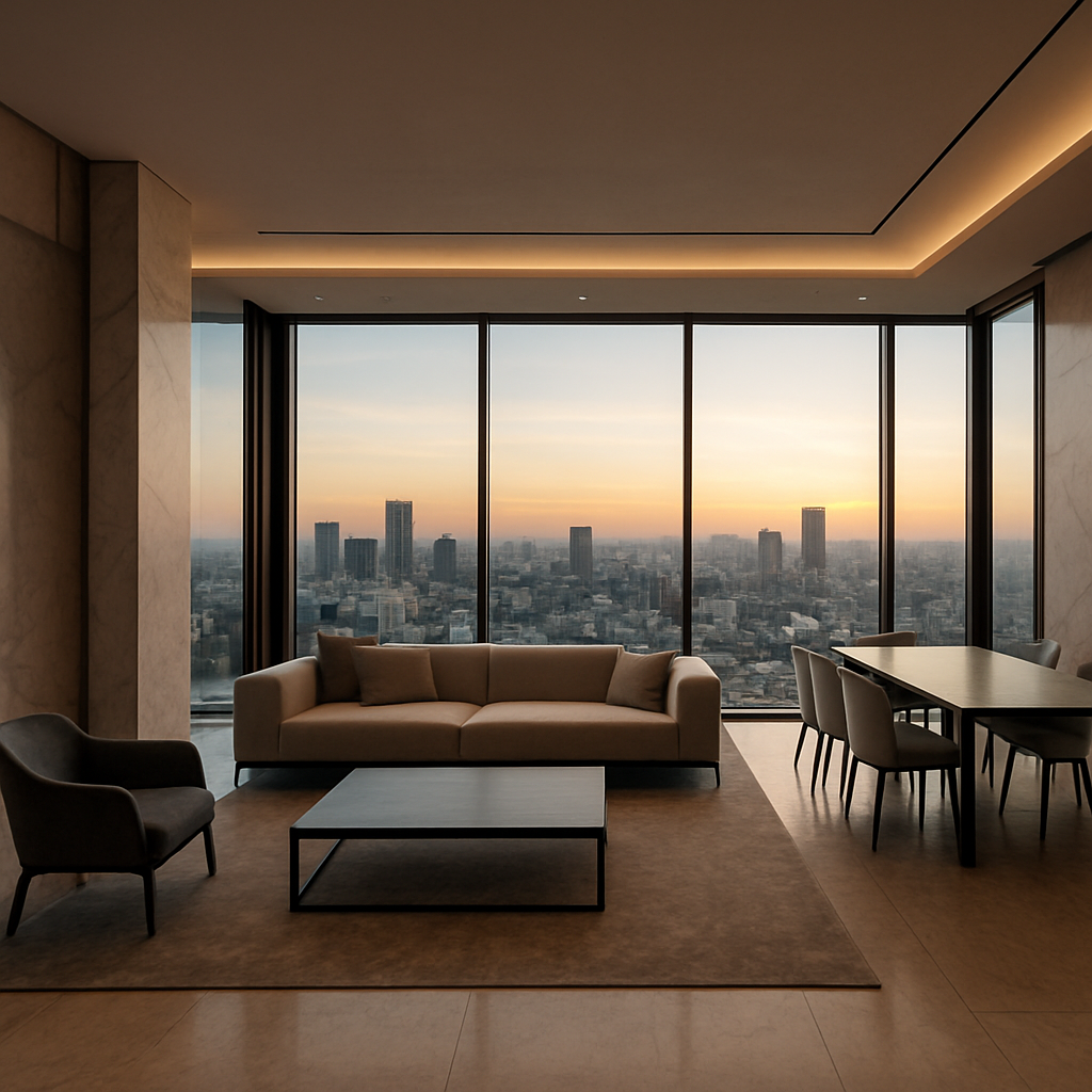 Luxury penthouse interior with panoramic views